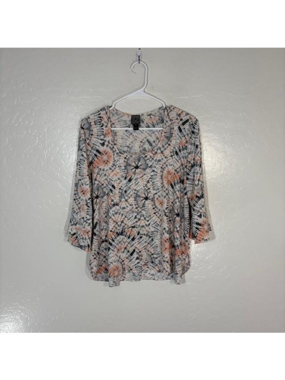 Clara Sunwoo Shirt Womens Large Peach Gray Tie Dye 3/4 Sleeve Made USA Stretch